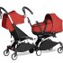 Детска количка за близнаци BABYZEN YOYO² CONNECT, двойна, с бяла рамка, цветен пакет и червен кош за носене - 1