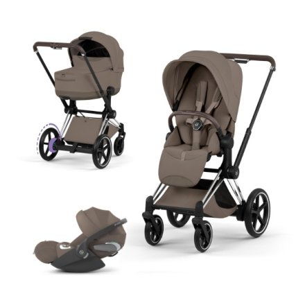 Carucior 3 in 1 pentru copii Cybex E-Priam Style, cu landou si scoica Cloud T Plus, Coconut Brown cu cadru Chrome