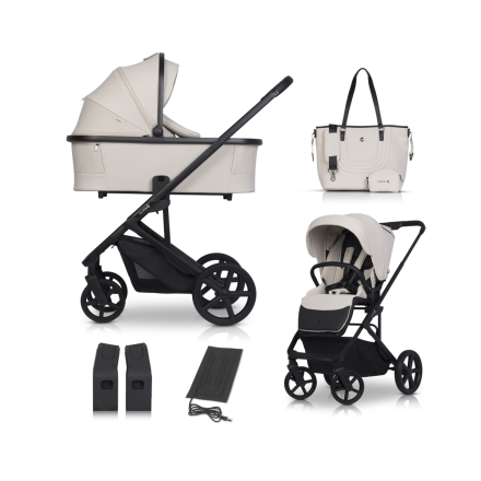 Carucior 2 in 1 pentru copii, Cavoe MOI XL, cu sistem de incalzire, geanta si adaptori cadou, Ecru