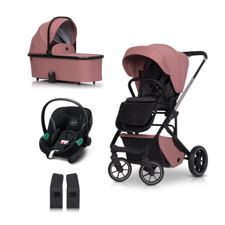 Детска количка 3 в 1 Cavoe Moi+, елегантна, компактна, с кош и кора за кола Cybex Aton S2 - Desert Rose