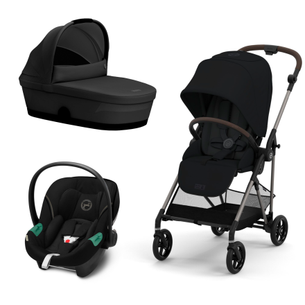 Детска количка Cybex Melio 3 в 1, ново издание, ултра лека, с кош за кош и кора Aton S2 - Moon Black