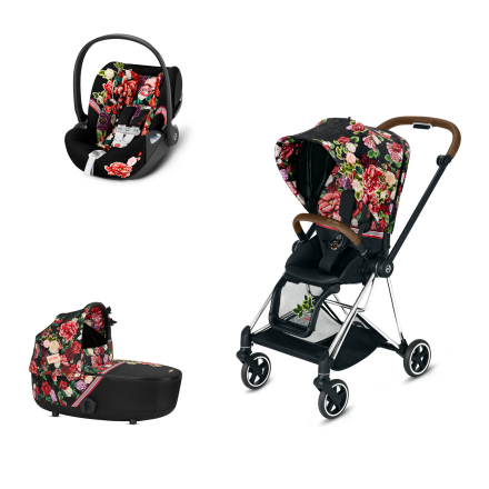 Carucior 3 in 1 pentru copii Cybex Mios 2.0 Spring Blossom, cu landou, scoica auto Cloud Z - Dark, cadru Chrome Brown