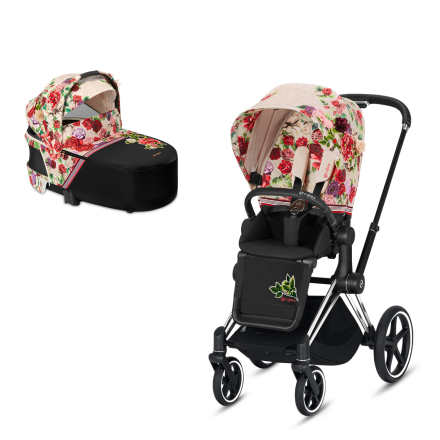 Carucior 2 in 1 pentru copii Cybex Priam 3.0 Spring Blossom, cu landou - Light si cadru Chrome Black