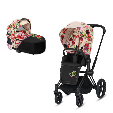 Carucior 2 in 1 pentru copii Cybex Priam 3.0 Spring Blossom, cu landou - Light si cadru Matt Black