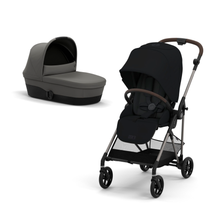 Carucior 2 in 1 Cybex Melio Moon Black pentru copii, ultrausor, cu landou Soho Grey, editie limitata