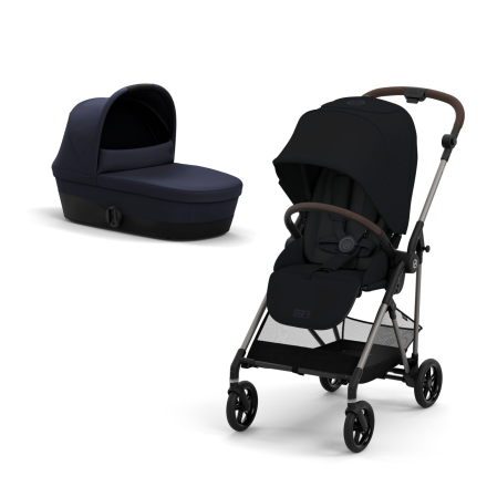 Carucior 2 in 1 Cybex Melio Moon Black pentru copii, ultrausor, cu landou Navy Blue, editie limitata