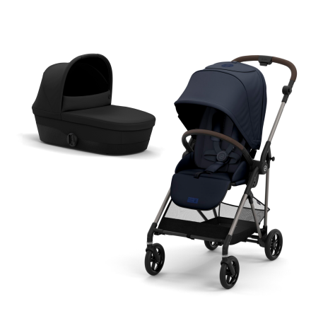 Carucior 2 in 1 Cybex Melio Ocean Blue pentru copii, ultrausor, cu landou Deep Black, editie limitata