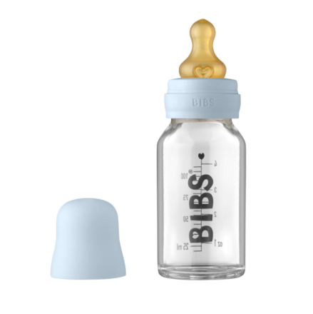 Set complet biberon din sticla Bibs, anticolici, 110 ml, Baby Blue