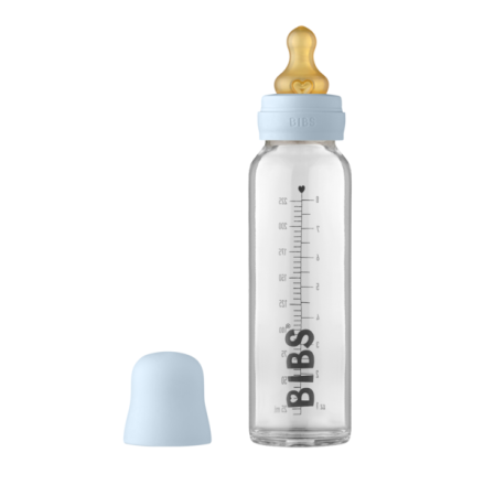 Set complet biberon din sticla Bibs, anticolici, 225 ml, Baby Blue