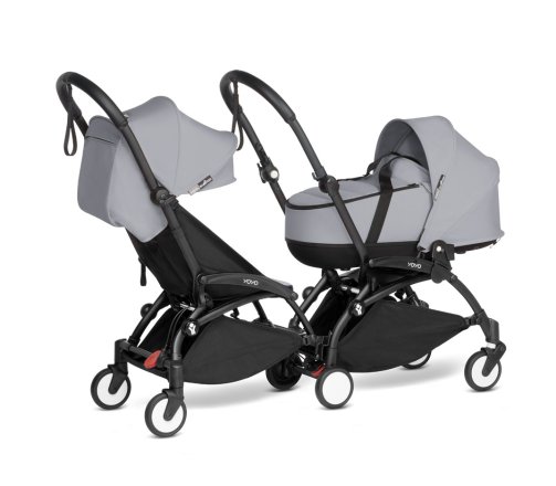 Детска количка за близнаци BABYZEN YOYO² CONNECT, двойна, с черна рамка, цветен пакет и кош за носене Stone