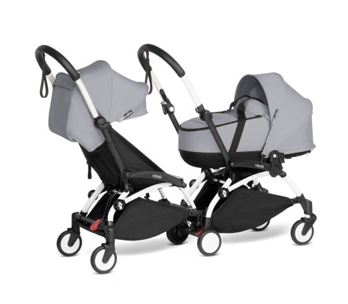 Детска количка за близнаци BABYZEN YOYO² CONNECT, двойна, с бяла рамка, цветен пакет и кош за носене Stone