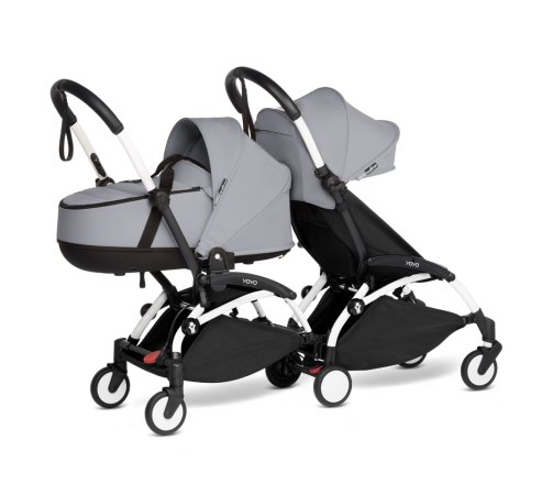 Детска количка за близнаци BABYZEN YOYO² CONNECT, двойна, с бяла рамка, количка и пакет цвят Stone