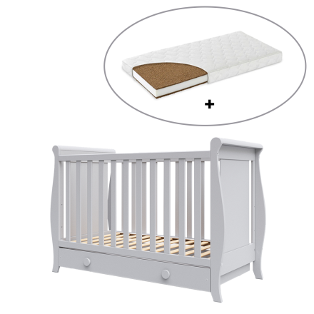 Детска кошара BabyMatters Nido, изработена от масивно дърво, 120х60 см, с включено чекмедже и кокосов матрак - Сива