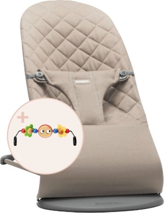 Balansoar pentru copii BabyBjorn Bliss cu tesatura matlasata si bara de jucarii, Sand Grey 