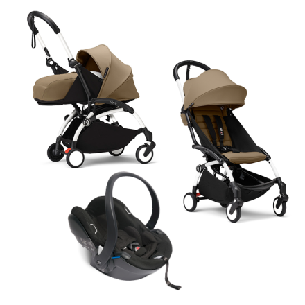 Carucior 3 in 1 pentru copii STOKKE YOYO³, cu pachet nou nascut, scoica auto si pachet de culoare - Toffee, cu cadru White