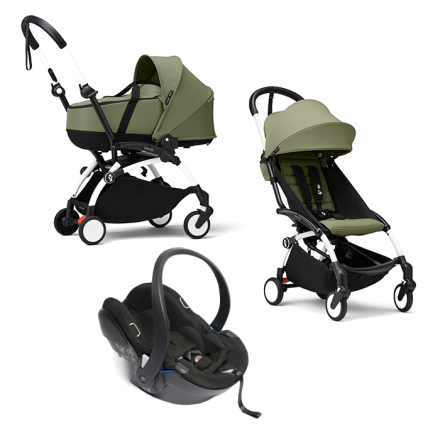 Carucior 3 in 1 pentru copii STOKKE YOYO³, cu landou, scoica auto si pachet de culoare - Olive, cu cadru White