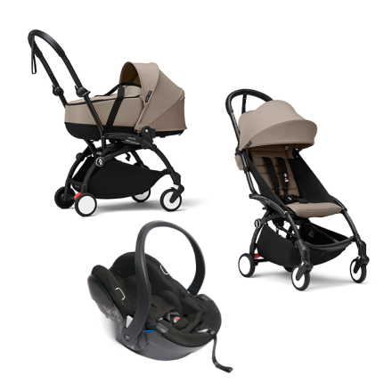 Carucior 3 in 1 pentru copii STOKKE YOYO³, cu landou, scoica auto si pachet de culoare - Taupe, cu cadru Black