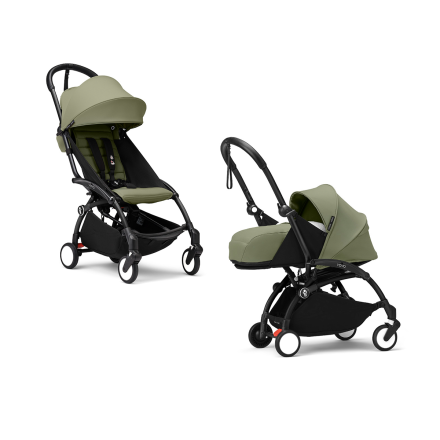 Carucior 2 in 1 pentru copii STOKKE YOYO³, cu pachet nou nascut si pachet de culoare - Olive, cu cadru Black