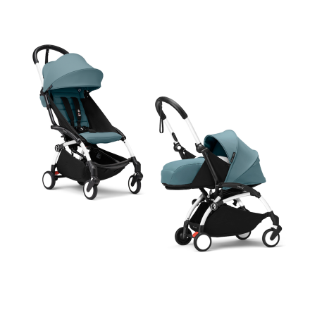 Детска количка 2 в 1 STOKKE YOYO³, с пакет за новородено и цветен пакет - Aqua, с бяла рамка