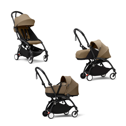 Carucior 3 in 1 pentru copii STOKKE YOYO³, cu pachet nou nascut, landou si pachet de culoare - Toffee, cu cadru Black