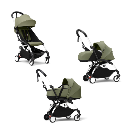 Carucior 3 in 1 pentru copii STOKKE YOYO³, cu pachet nou nascut, landou si pachet de culoare - Olive, cu cadru White