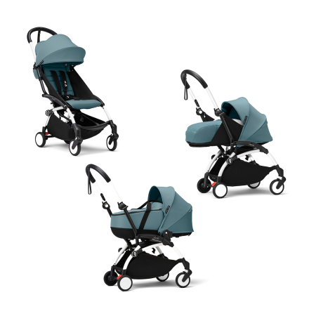 Детска количка 3 в 1 STOKKE YOYO³, с пакет за новородено, количка и цветен пакет - Aqua, с бяла рамка