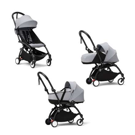 Carucior 3 in 1 pentru copii STOKKE YOYO³, cu pachet nou nascut, landou si pachet de culoare - Stone, cu cadru Black