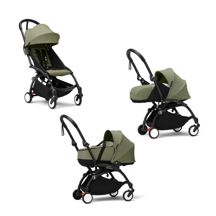 Carucior 3 in 1 pentru copii STOKKE YOYO³, cu pachet nou nascut, landou si pachet de culoare - Olive, cu cadru Black