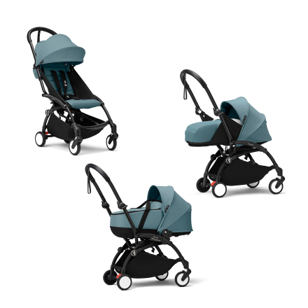 Carucior 3 in 1 pentru copii STOKKE YOYO³, cu pachet nou nascut, landou si pachet de culoare - Aqua, cu cadru Black