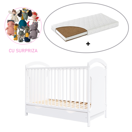 Patut pentru copii BabyMatters Lulu, din lemn masiv, 120x60 cm, cu sertar si saltea de cocos incluse