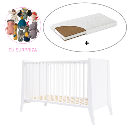 Patut pentru copii BabyMatters Didi, din lemn masiv, 120x60 cm, cu saltea de cocos inclusa