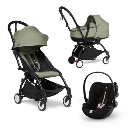 Carucior 3 in 1 pentru copii BABYZEN YOYO², cadru negru, cu landou, scoica auto Cloud G si pachet de culoare Olive