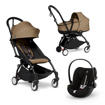 Carucior 3 in 1 pentru copii BABYZEN YOYO², cadru negru, cu landou, scoica auto Cloud G si pachet de culoare Toffee