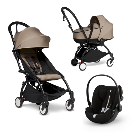 Carucior 3 in 1 pentru copii BABYZEN YOYO², cadru negru, cu landou, scoica auto Cloud G si pachet de culoare Taupe