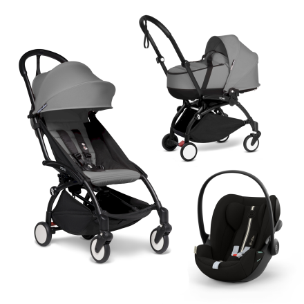 Carucior 3 in 1 pentru copii BABYZEN YOYO², cadru negru, cu landou, scoica auto Cloud G si pachet de culoare Grey