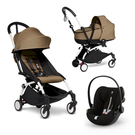 Carucior 3 in 1 pentru copii BABYZEN YOYO², cadru alb, cu landou, scoica auto Cloud G si pachet de culoare Toffee