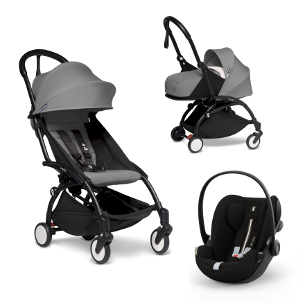 Carucior 3 in 1 pentru copii BABYZEN YOYO², cadru negru, pachet nou nascut, scoica auto Cloud G si pachet de culoare Grey