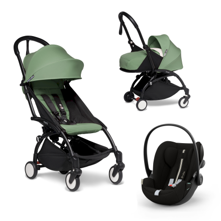 Carucior 3 in 1 pentru copii BABYZEN YOYO², cadru negru, pachet nou nascut, scoica auto Cloud G si pachet de culoare Peppermint