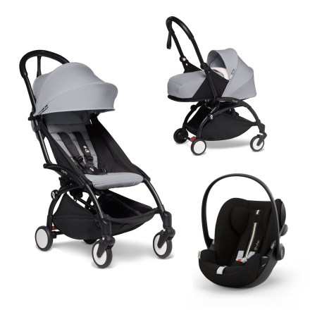 Carucior 3 in 1 pentru copii BABYZEN YOYO², cadru negru, pachet nou nascut, scoica auto Cloud G si pachet de culoare Stone