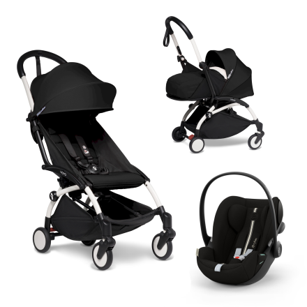 Carucior 3 in 1 pentru copii BABYZEN YOYO², cadru alb, pachet nou nascut, scoica auto Cloud G si pachet de culoare Black