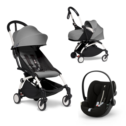 Carucior 3 in 1 pentru copii BABYZEN YOYO², cadru alb, pachet nou nascut, scoica auto Cloud G si pachet de culoare Grey