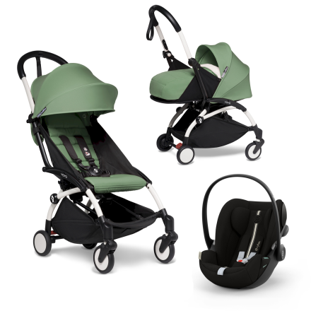 Carucior 3 in 1 pentru copii BABYZEN YOYO², cadru alb, pachet nou nascut, scoica auto Cloud G si pachet de culoare Peppermint