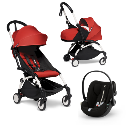 Бебешка количка BABYZEN YOYO² 3 в 1, бяла рамка, комплект за новородено, столче за кола Cloud G и комплект в червен цвят