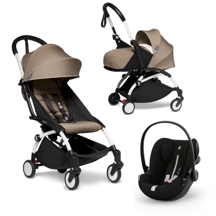 Carucior 3 in 1 pentru copii BABYZEN YOYO², cadru alb, pachet nou nascut, scoica auto Cloud G si pachet de culoare Taupe