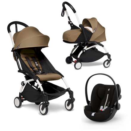 Carucior 3 in 1 pentru copii BABYZEN YOYO², cadru alb, pachet nou nascut, scoica auto Cloud G si pachet de culoare Toffee