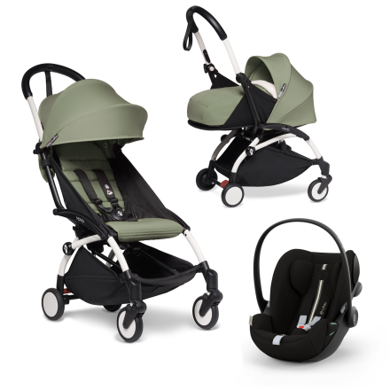 Carucior 3 in 1 pentru copii BABYZEN YOYO², cadru alb, pachet nou nascut, scoica auto Cloud G si pachet de culoare Olive