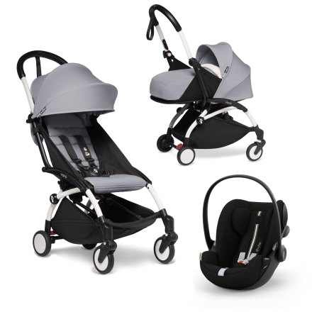 Carucior 3 in 1 pentru copii BABYZEN YOYO², cadru alb, pachet nou nascut, scoica auto Cloud G si pachet de culoare Stone