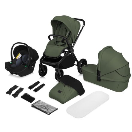 Детска спортна количка Lionelo Mika 3 в 1 PLUS, с включени аксесоари, количка и черупка, Green Olive