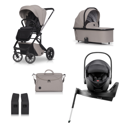 Carucior 4 in 1 pentru copii Cavoe Moi+, cu scoica Britax Romer Baby Safe PRO, cu baza Vario si accesorii, Taupe