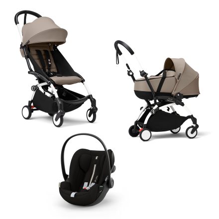 Carucior 3 in 1 pentru copii STOKKE YOYO³, cu landou, scoica auto si pachet de culoare - Taupe, cu cadru White